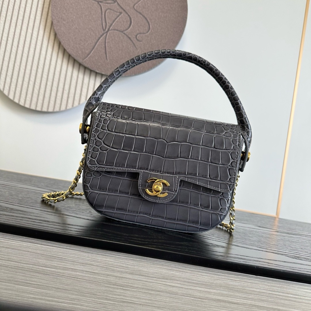 CHANEL Crocodile-Embossed Leather Top Handle Bag