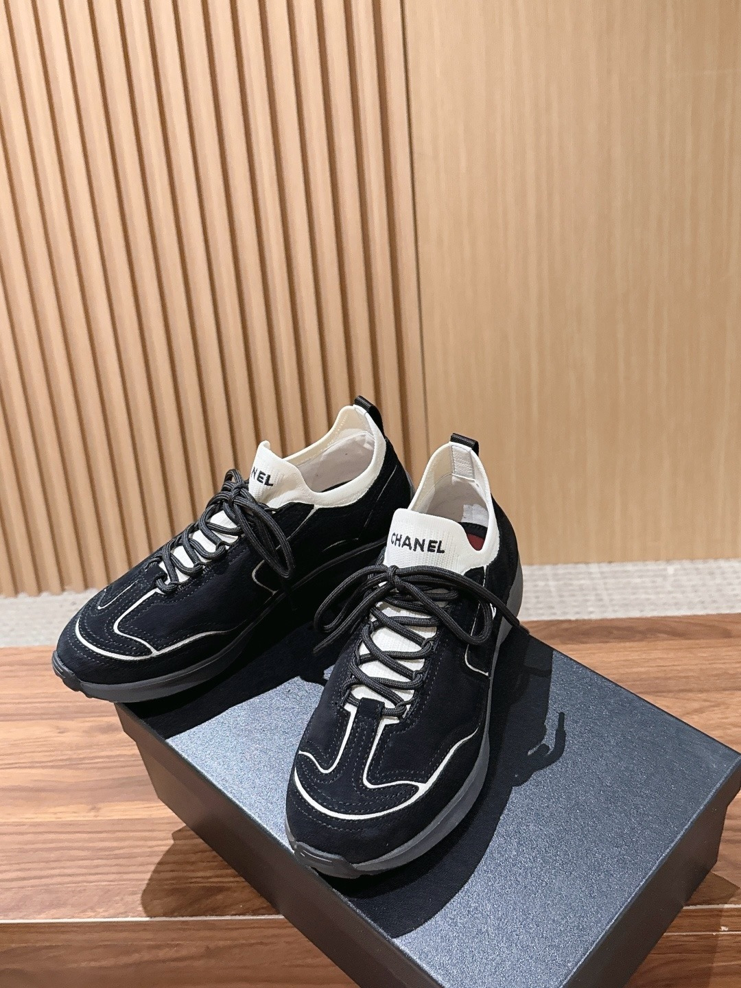 CHANEL Leather Knit Lace-Up Sneakers