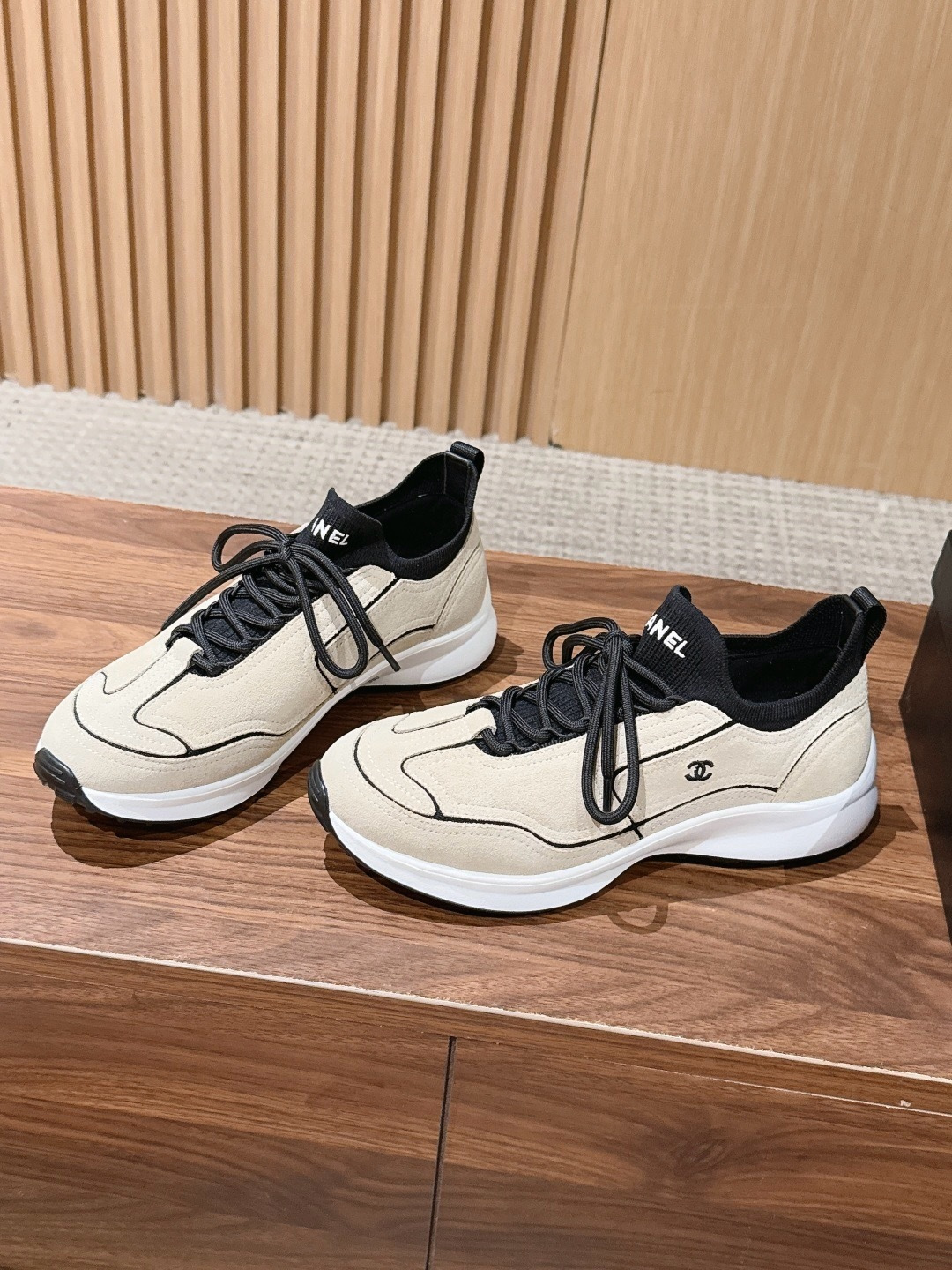 CHANEL Leather Knit Lace-Up Sneakers