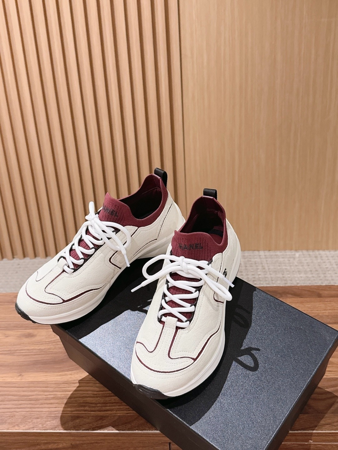 CHANEL Leather Knit Lace-Up Sneakers