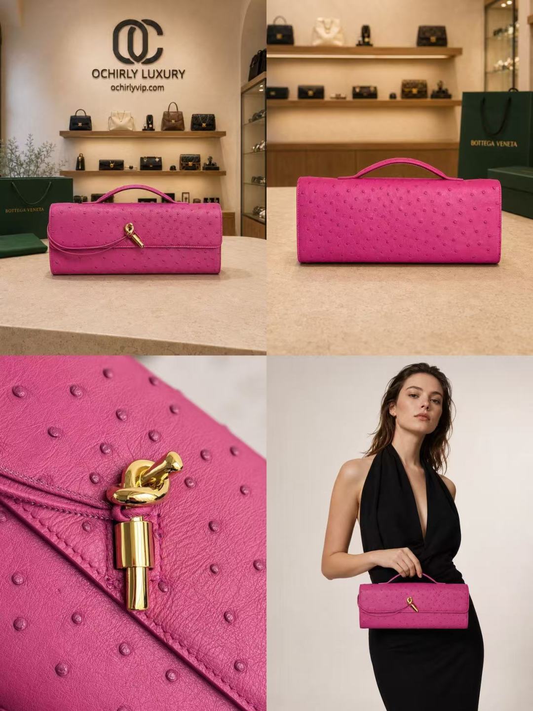 Bottega Veneta Pink Ostrich Leather Knot Clutchbag