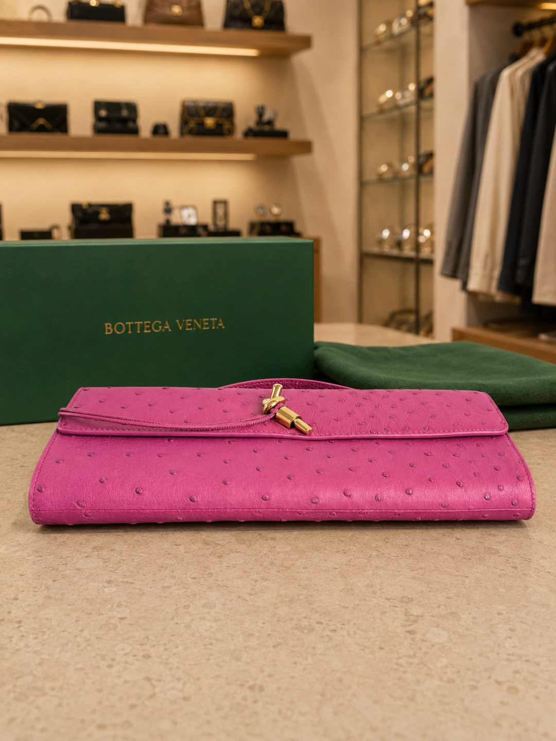 Bottega Veneta Pink Ostrich Leather Knot Clutchbag