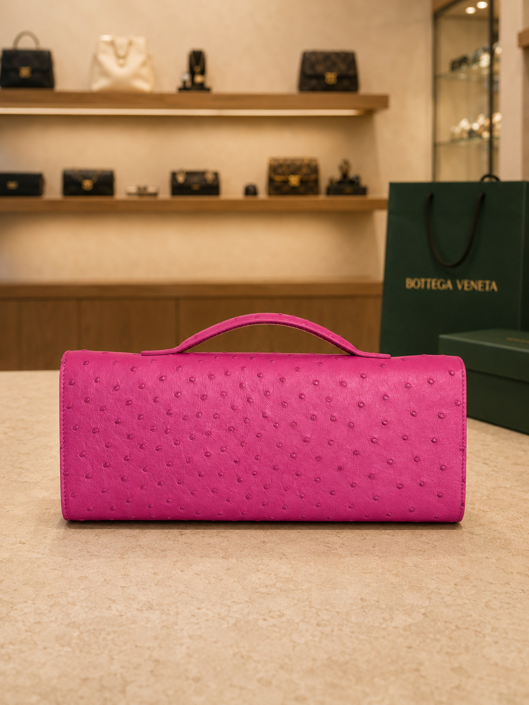 Bottega Veneta Pink Ostrich Leather Knot Clutchbag