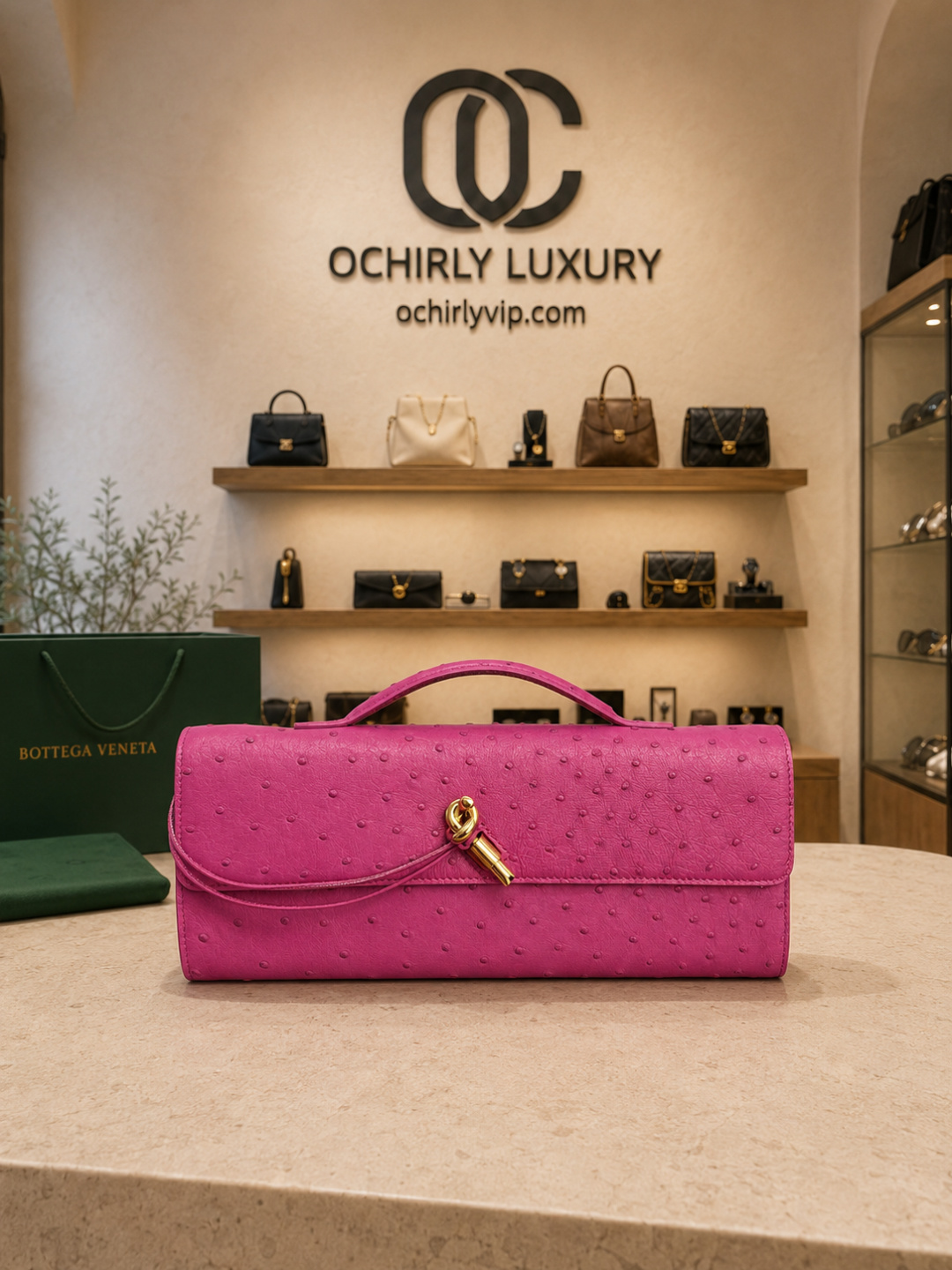 Bottega Veneta Pink Ostrich Leather Knot Clutchbag