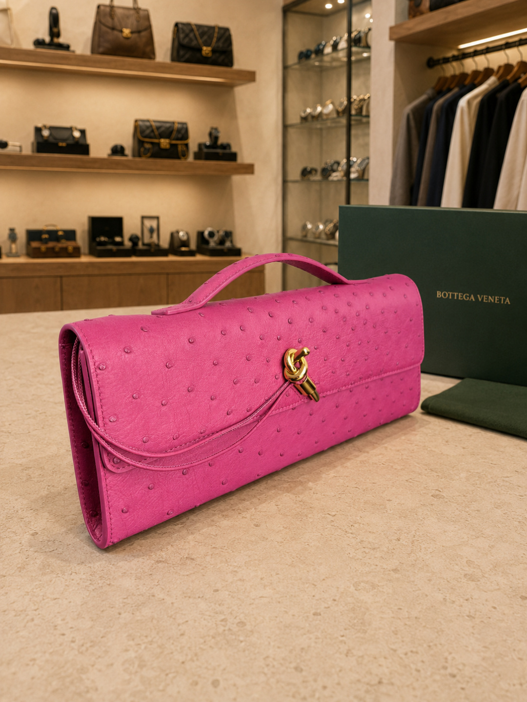 Bottega Veneta Pink Ostrich Leather Knot Clutchbag