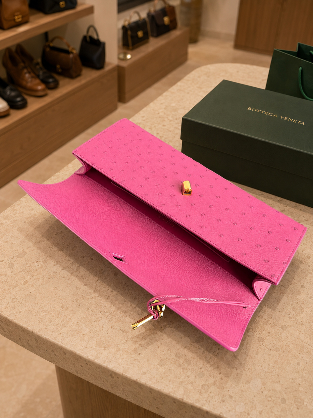 Bottega Veneta Pink Ostrich Leather Knot Clutchbag