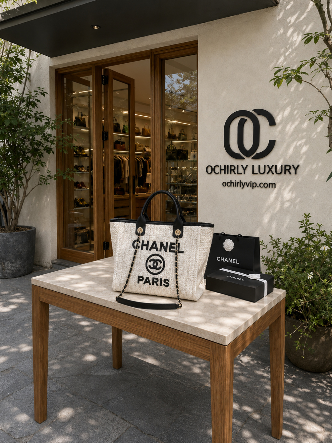 CHANEL Deauville Canvas Tote Bag White & Black