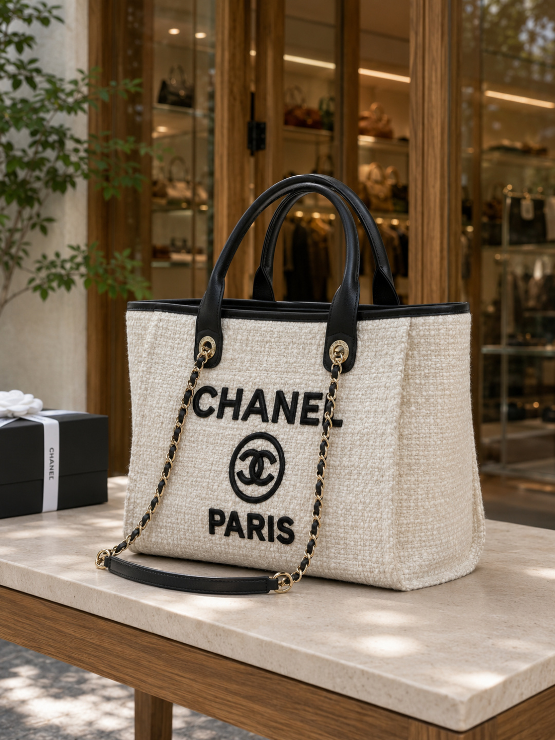 CHANEL Deauville Canvas Tote Bag White & Black