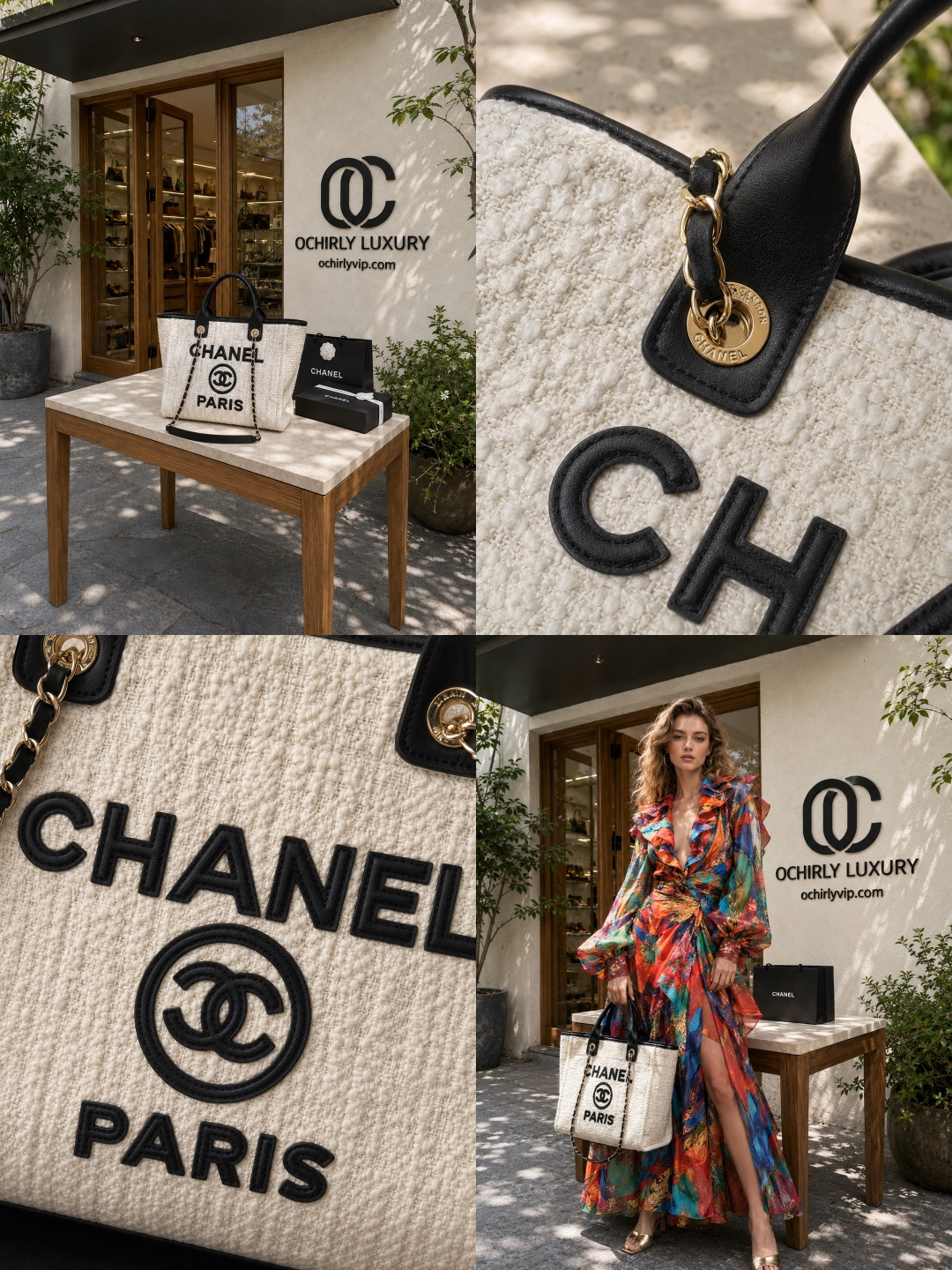 CHANEL Deauville Canvas Tote Bag White & Black