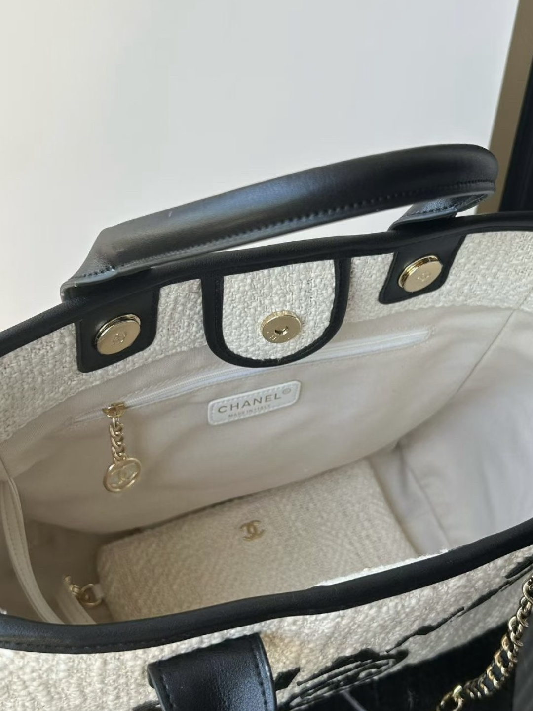 CHANEL Deauville Canvas Tote Bag White & Black