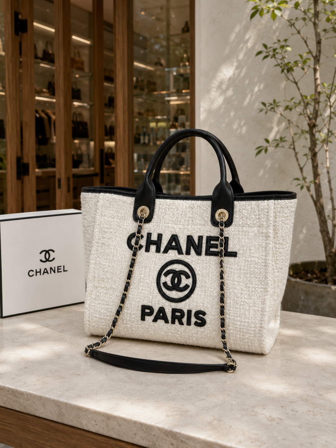 CHANEL Deauville Canvas Tote Bag White & Black