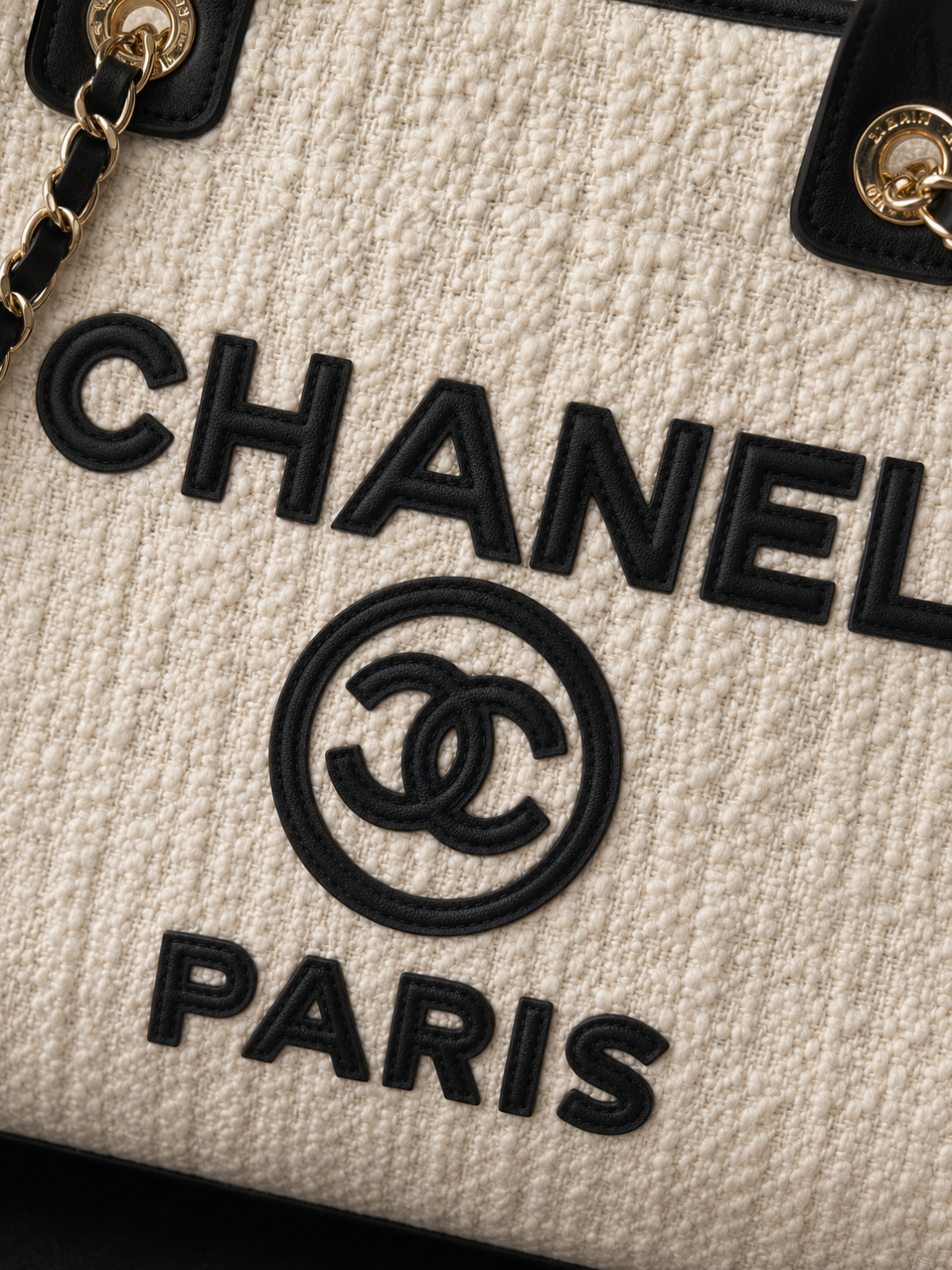 CHANEL Deauville Canvas Tote Bag White & Black