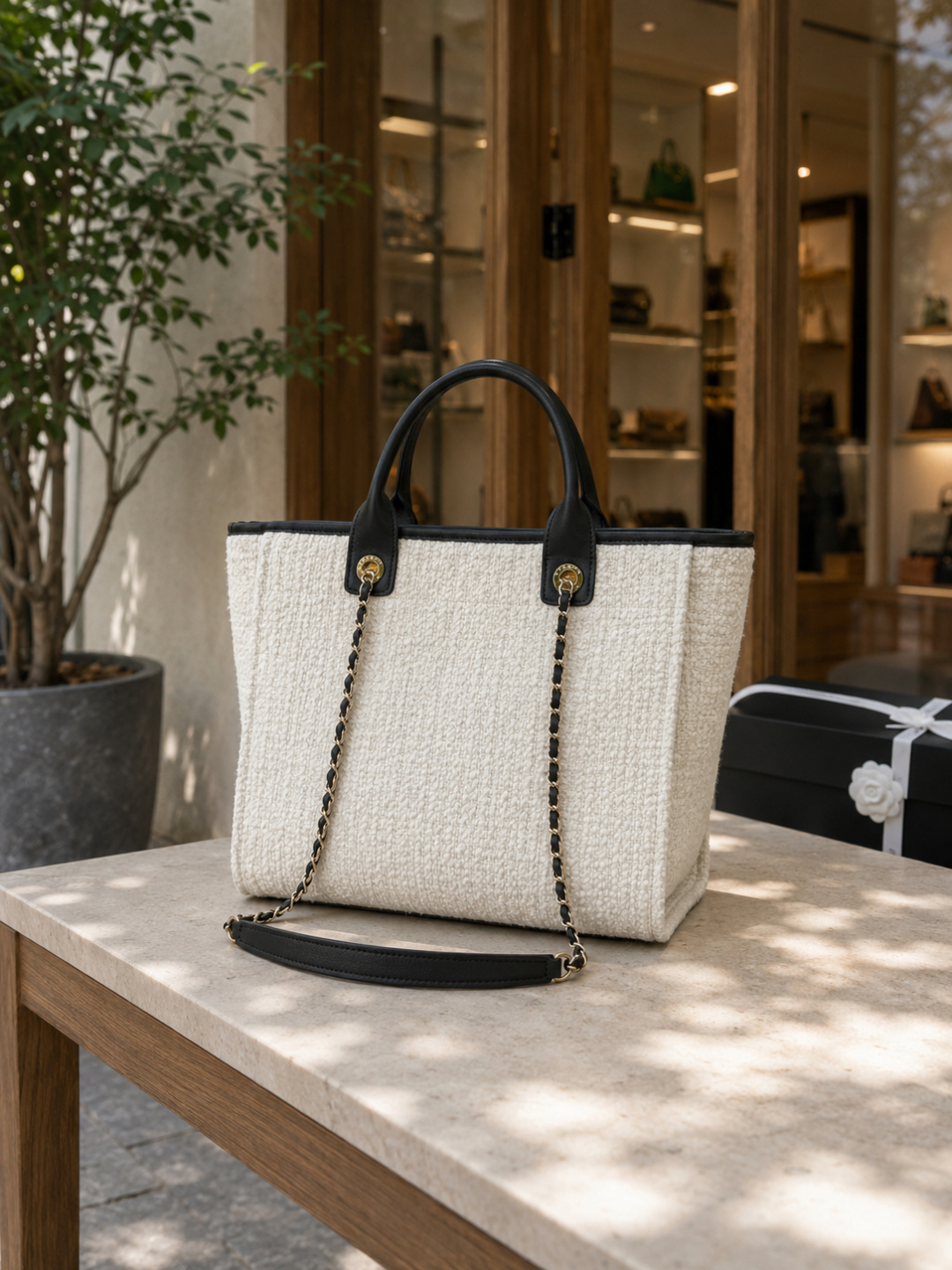 CHANEL Deauville Canvas Tote Bag White & Black