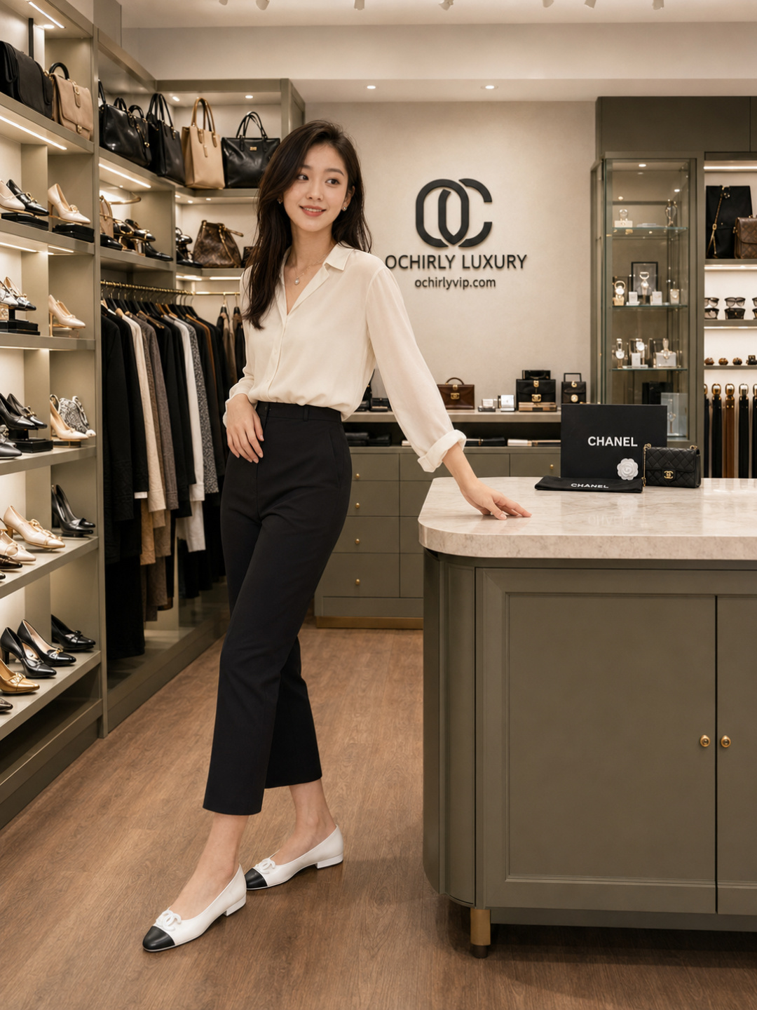 CHANEL CC Cap-Toe Leather Ballet Flats