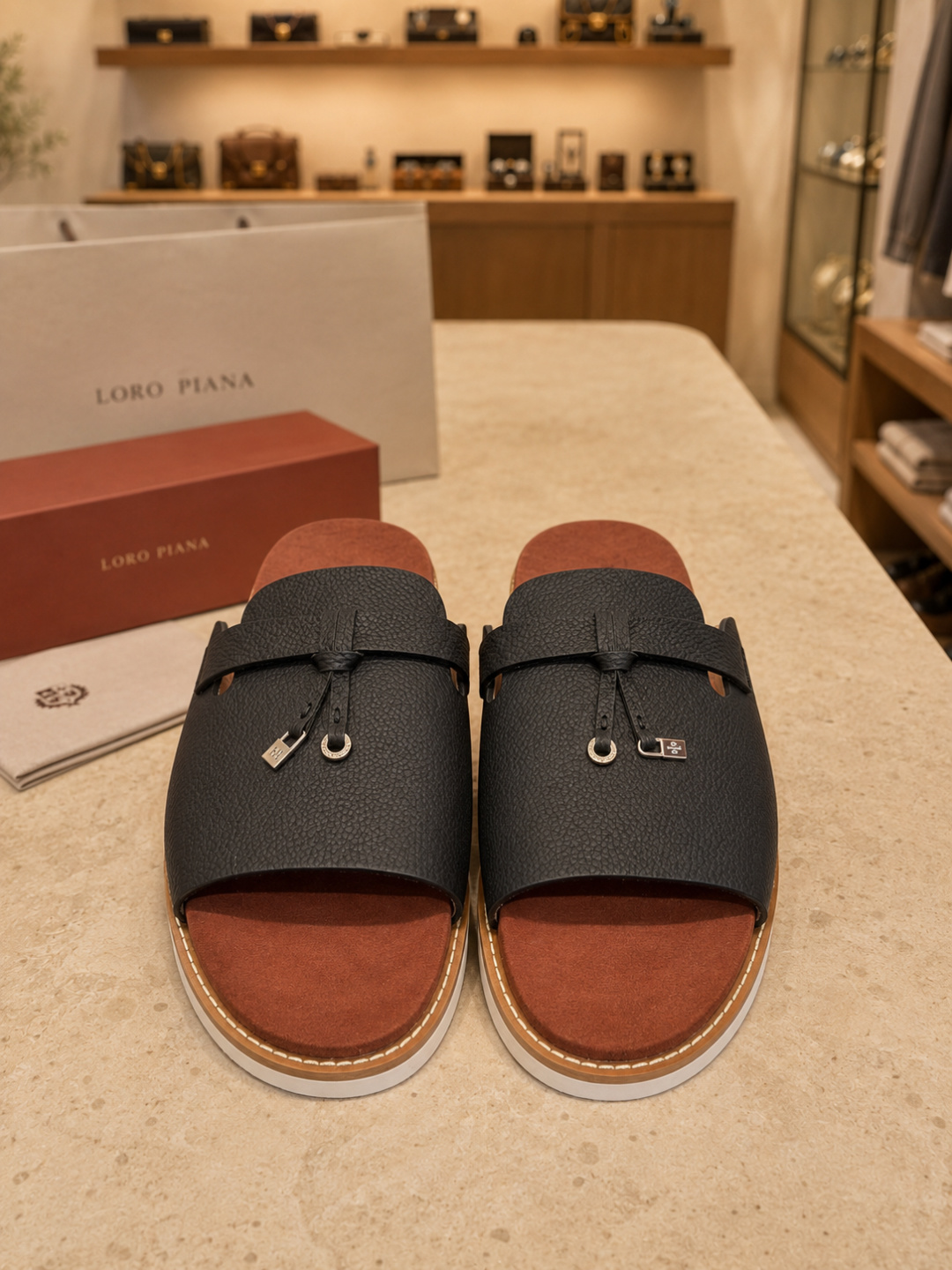Loro Piana Leather Summer Walk Slide Sandals