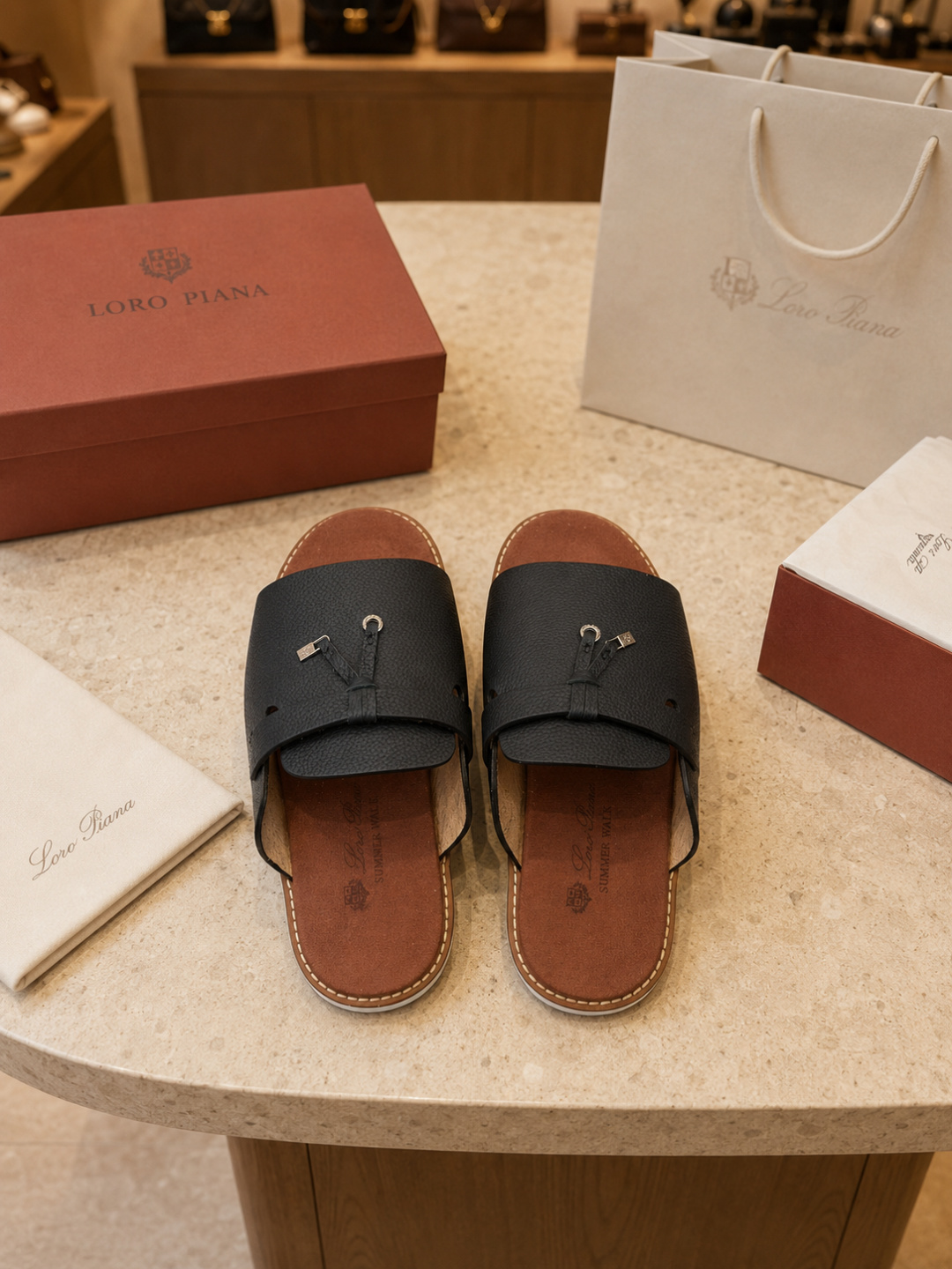 Loro Piana Leather Summer Walk Slide Sandals