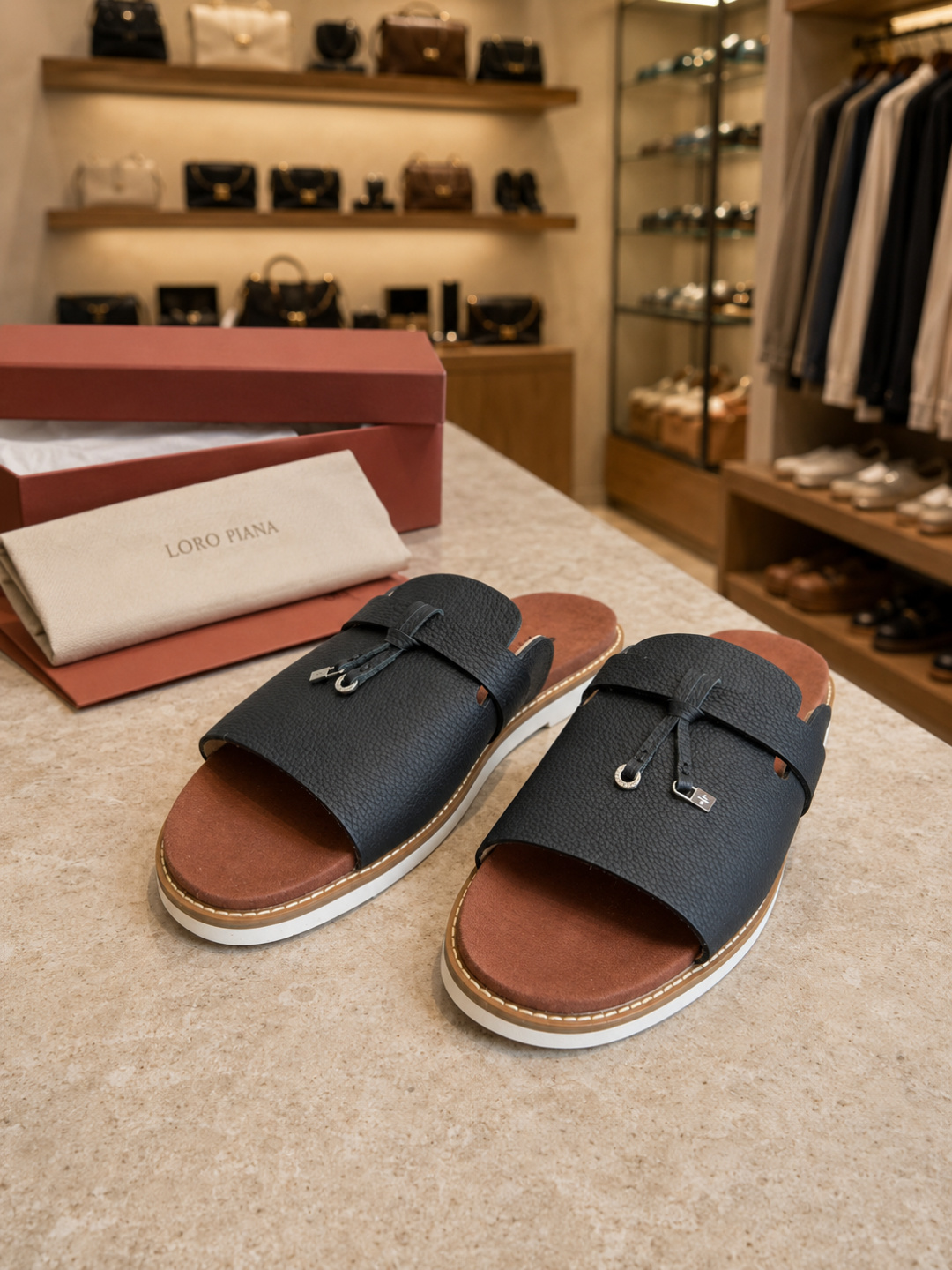 Loro Piana Leather Summer Walk Slide Sandals