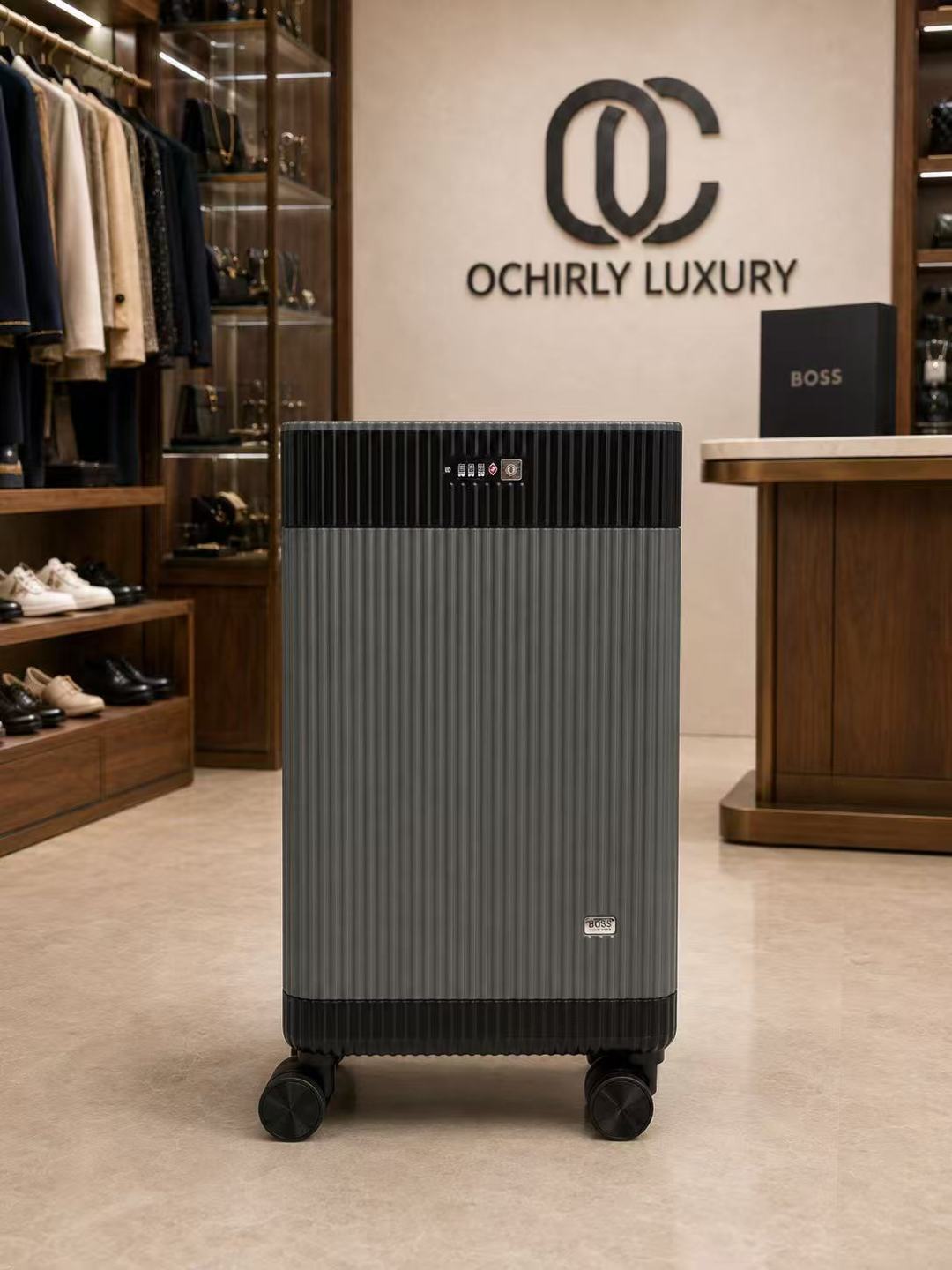BOSS Grey Black Vertical Stripe Carry-On Luggage