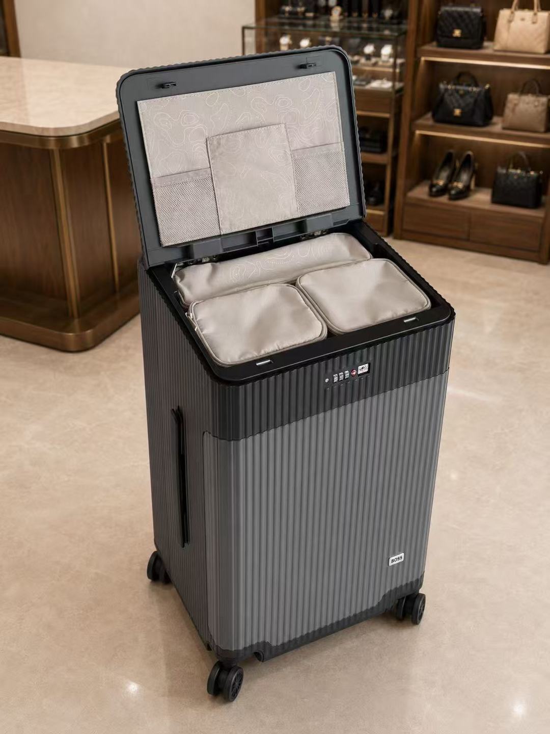 BOSS Grey Black Vertical Stripe Carry-On Luggage
