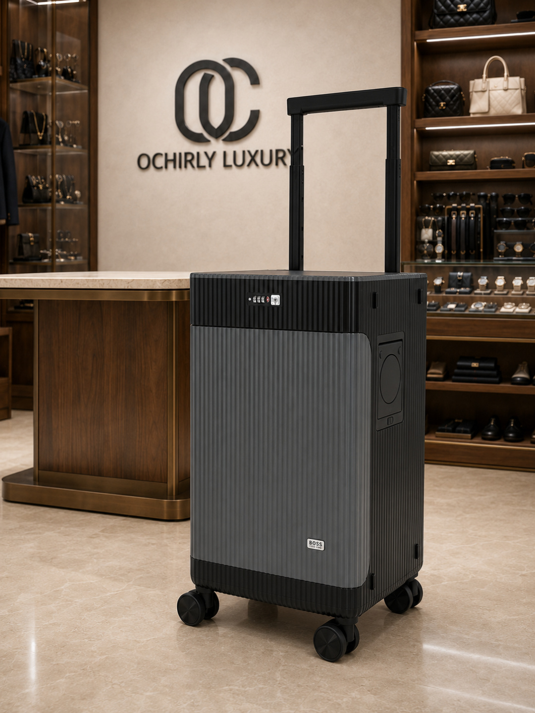 BOSS Grey Black Vertical Stripe Carry-On Luggage