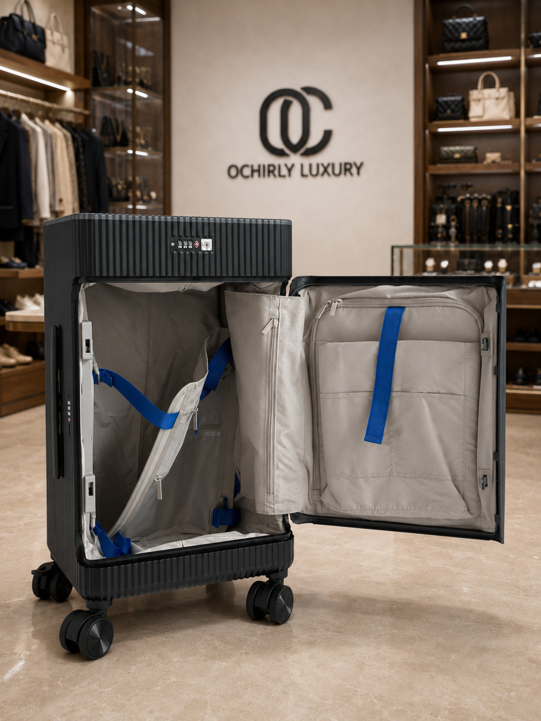 BOSS Grey Black Vertical Stripe Carry-On Luggage