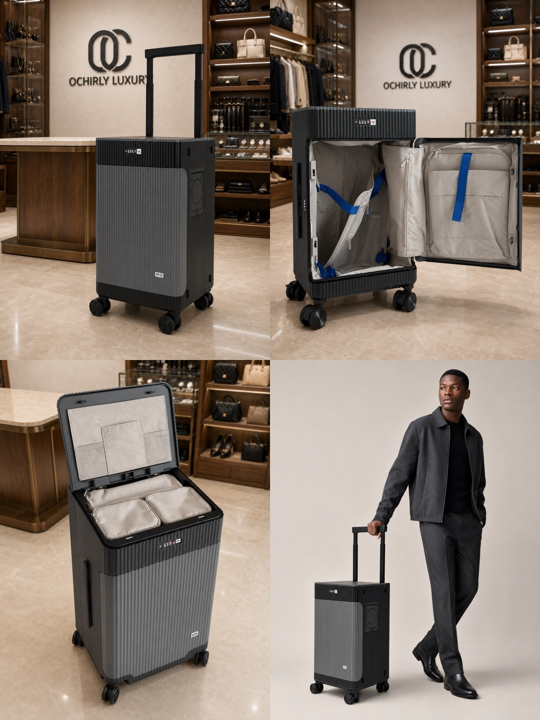 BOSS Grey Black Vertical Stripe Carry-On Luggage