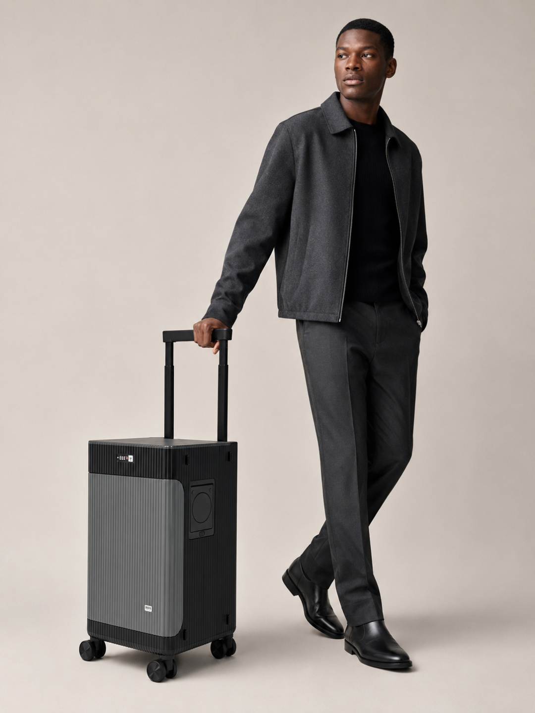 BOSS Grey Black Vertical Stripe Carry-On Luggage