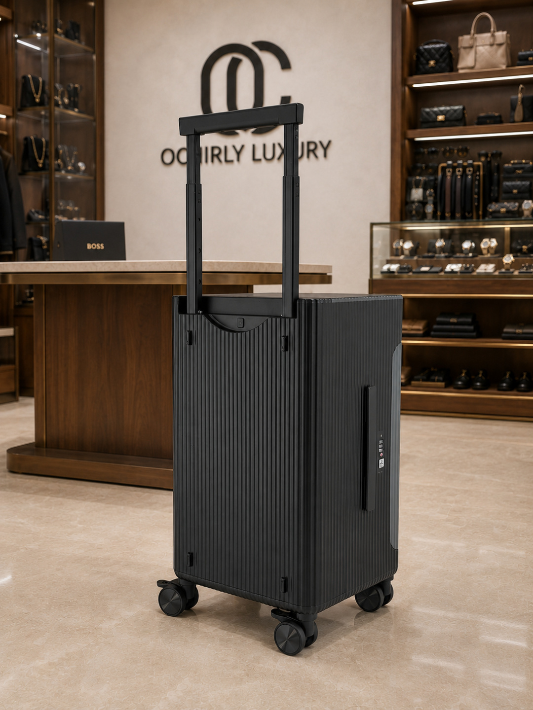 BOSS Grey Black Vertical Stripe Carry-On Luggage
