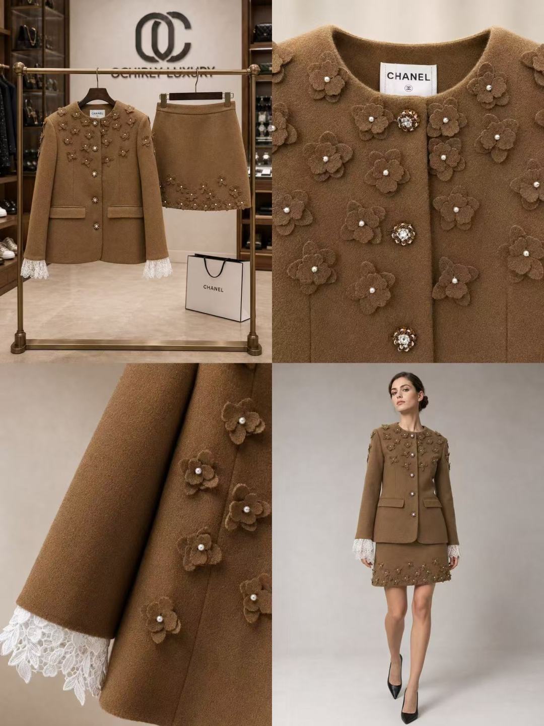 Chanel Brown 3D Floral Wool Jacket Skirt suit