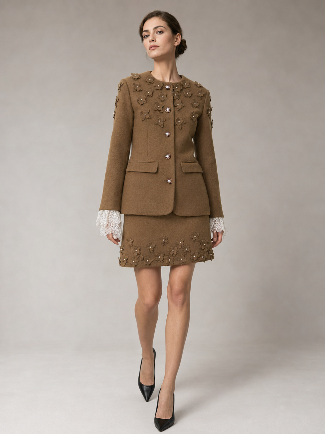 Chanel Brown 3D Floral Wool Jacket Skirt suit