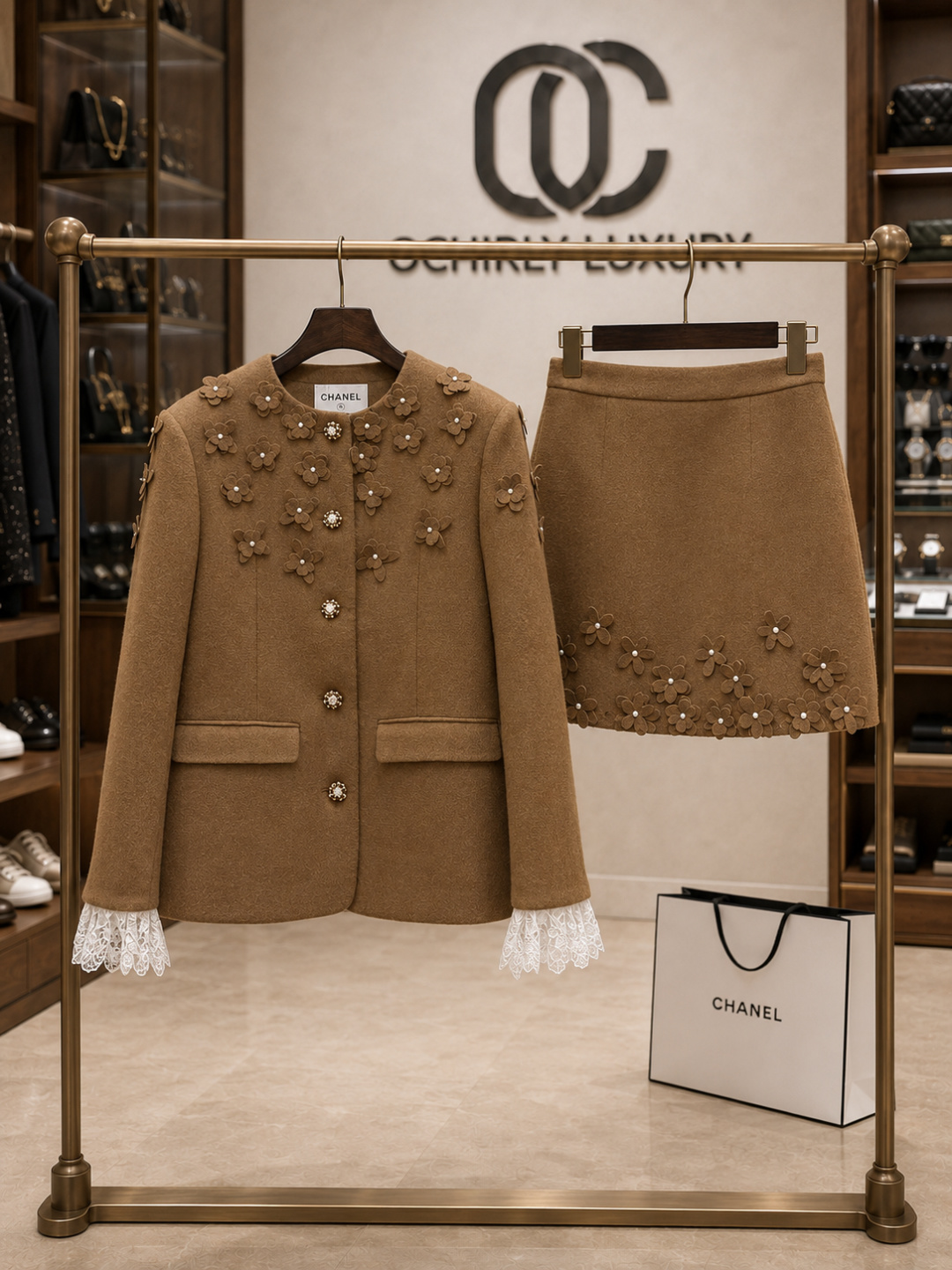 Chanel Brown 3D Floral Wool Jacket Skirt suit