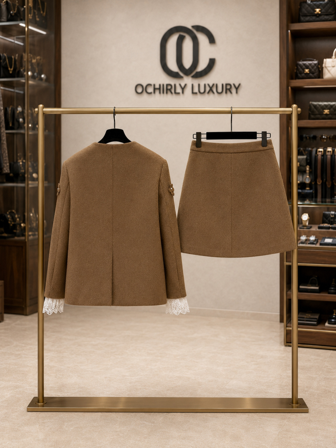 Chanel Brown 3D Floral Wool Jacket Skirt suit