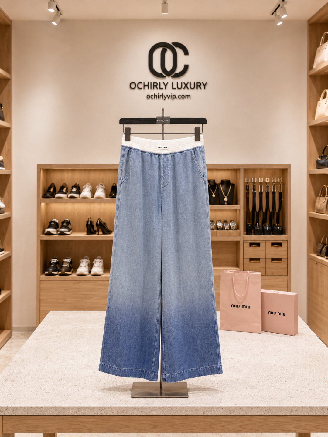 Miu Miu Gradient Denim Wide Leg Trousers