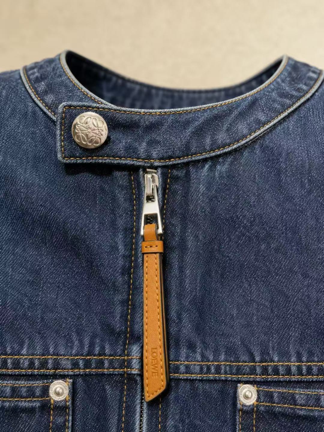 Loewe Round Neck Zip-Up Cropped Denim Jacket