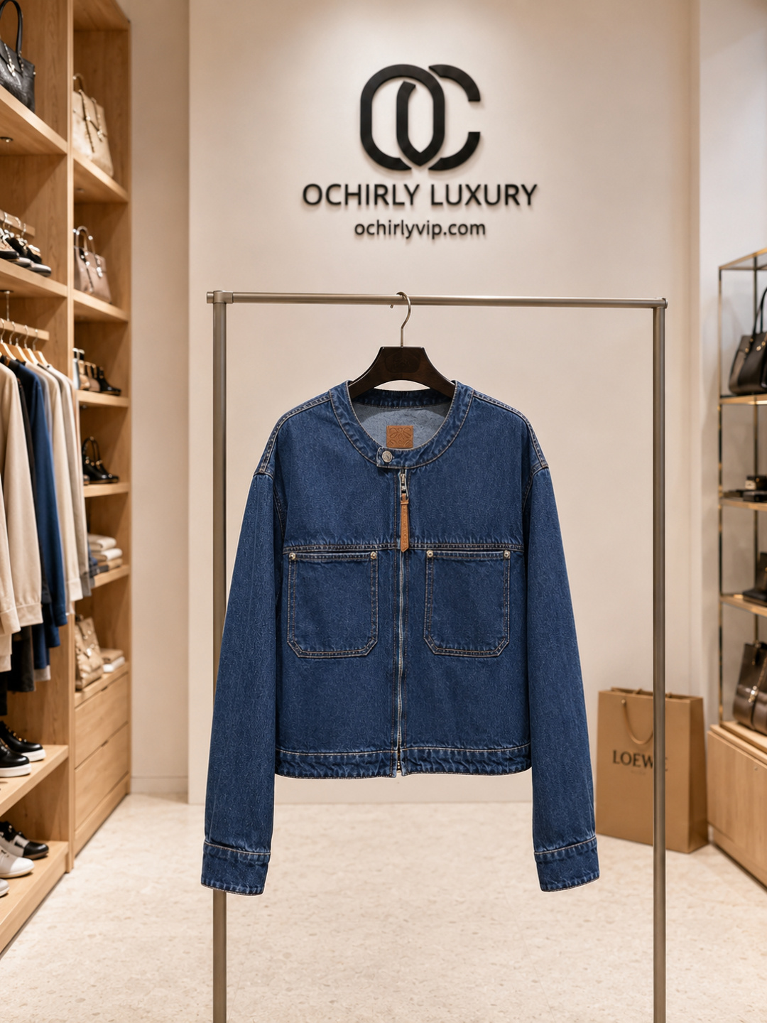 Loewe Round Neck Zip-Up Cropped Denim Jacket