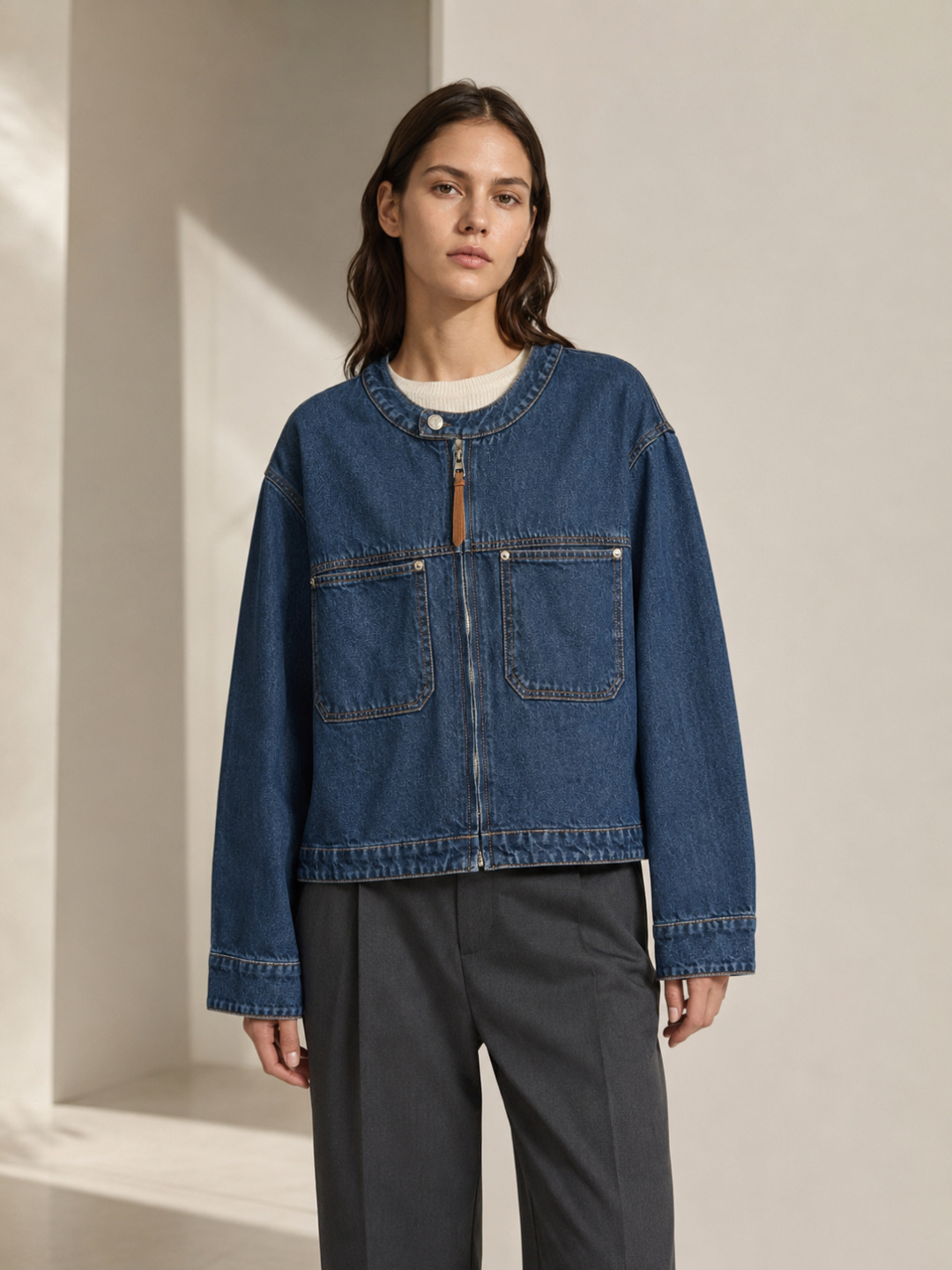 Loewe Round Neck Zip-Up Cropped Denim Jacket