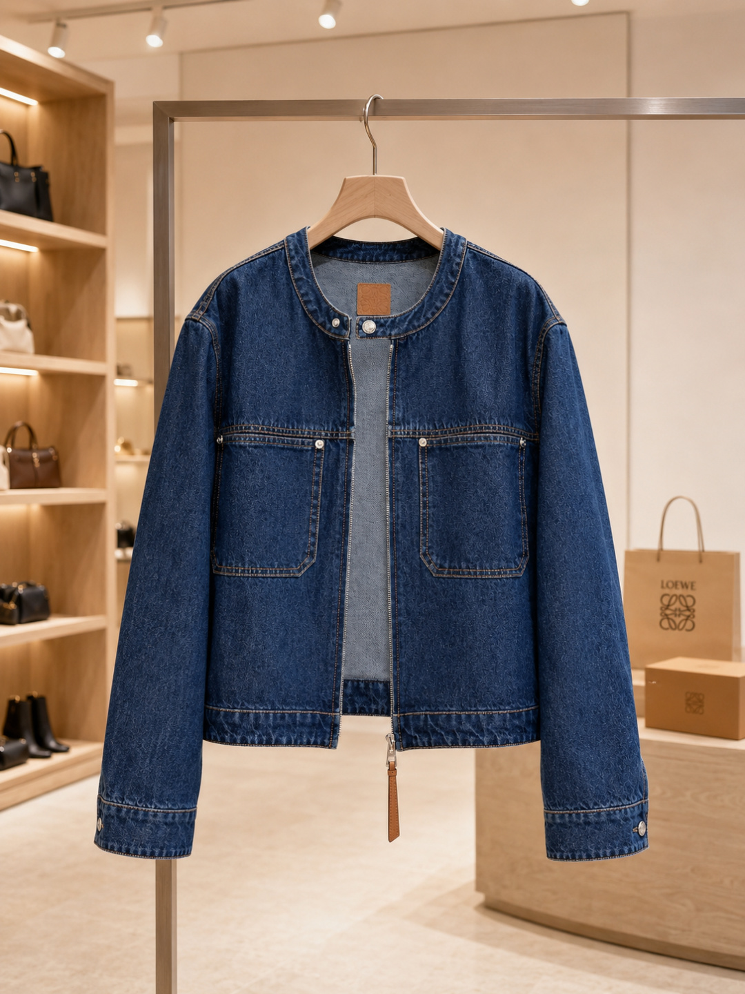Loewe Round Neck Zip-Up Cropped Denim Jacket