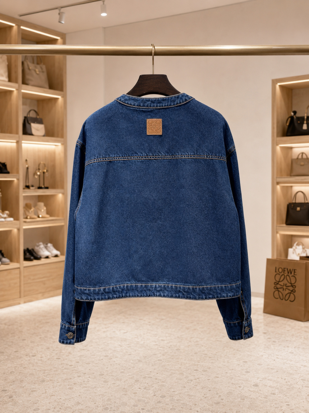 Loewe Round Neck Zip-Up Cropped Denim Jacket