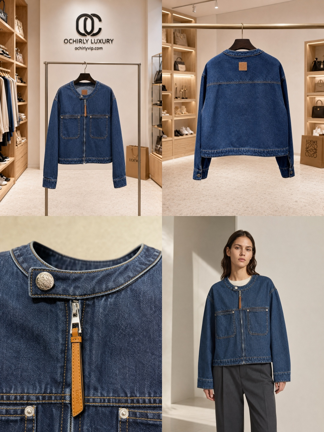 Loewe Round Neck Zip-Up Cropped Denim Jacket