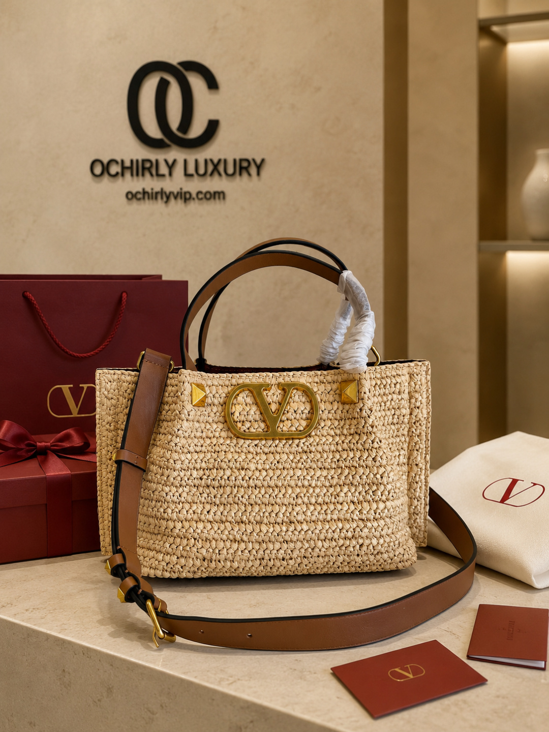 Valentino VLogo Raffia Tote Handbag