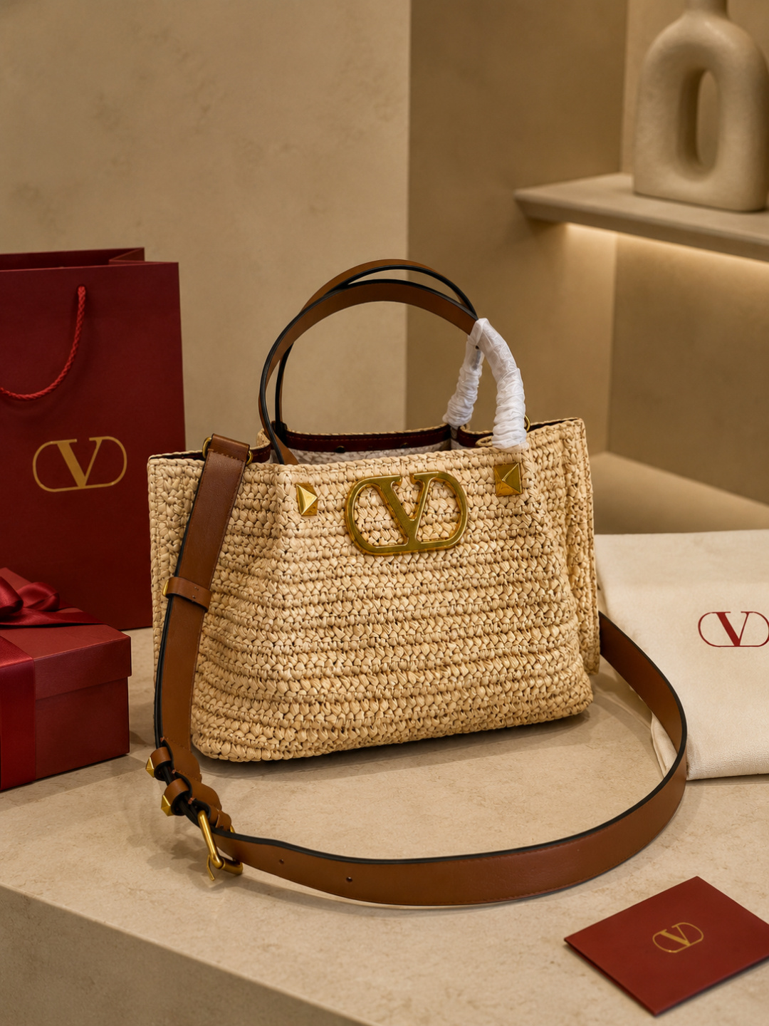 Valentino VLogo Raffia Tote Handbag