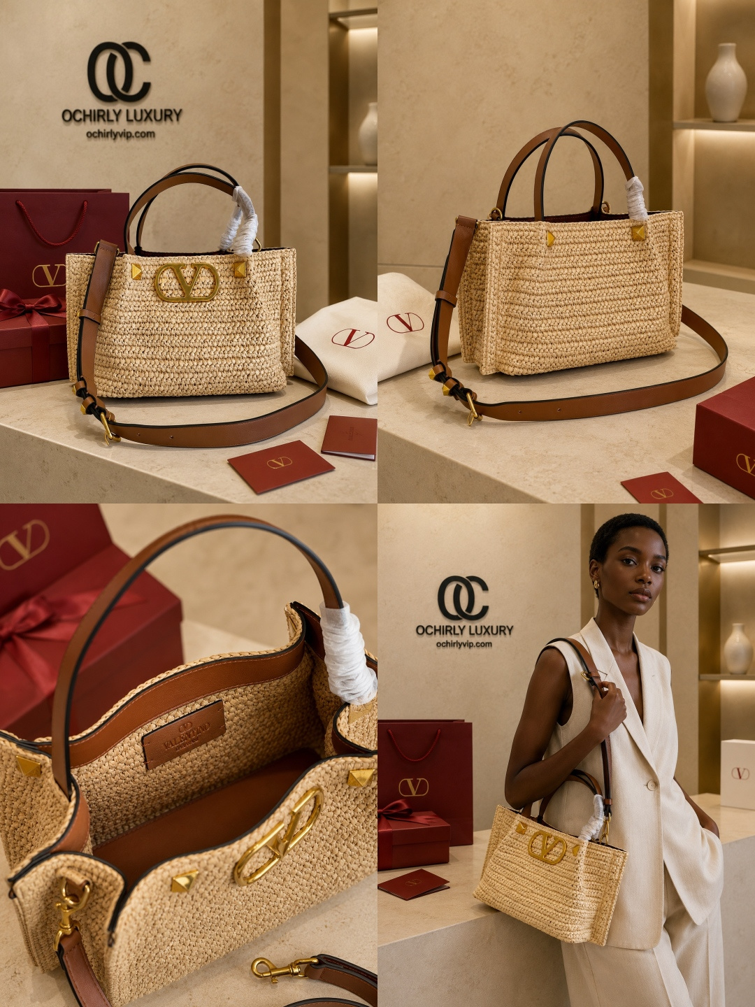 Valentino VLogo Raffia Tote Handbag