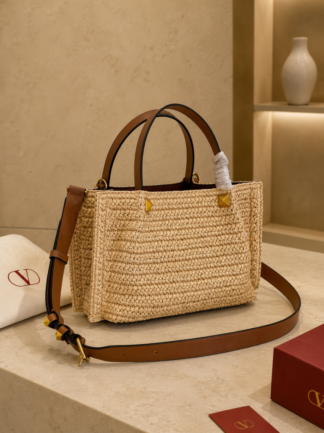 Valentino VLogo Raffia Tote Handbag