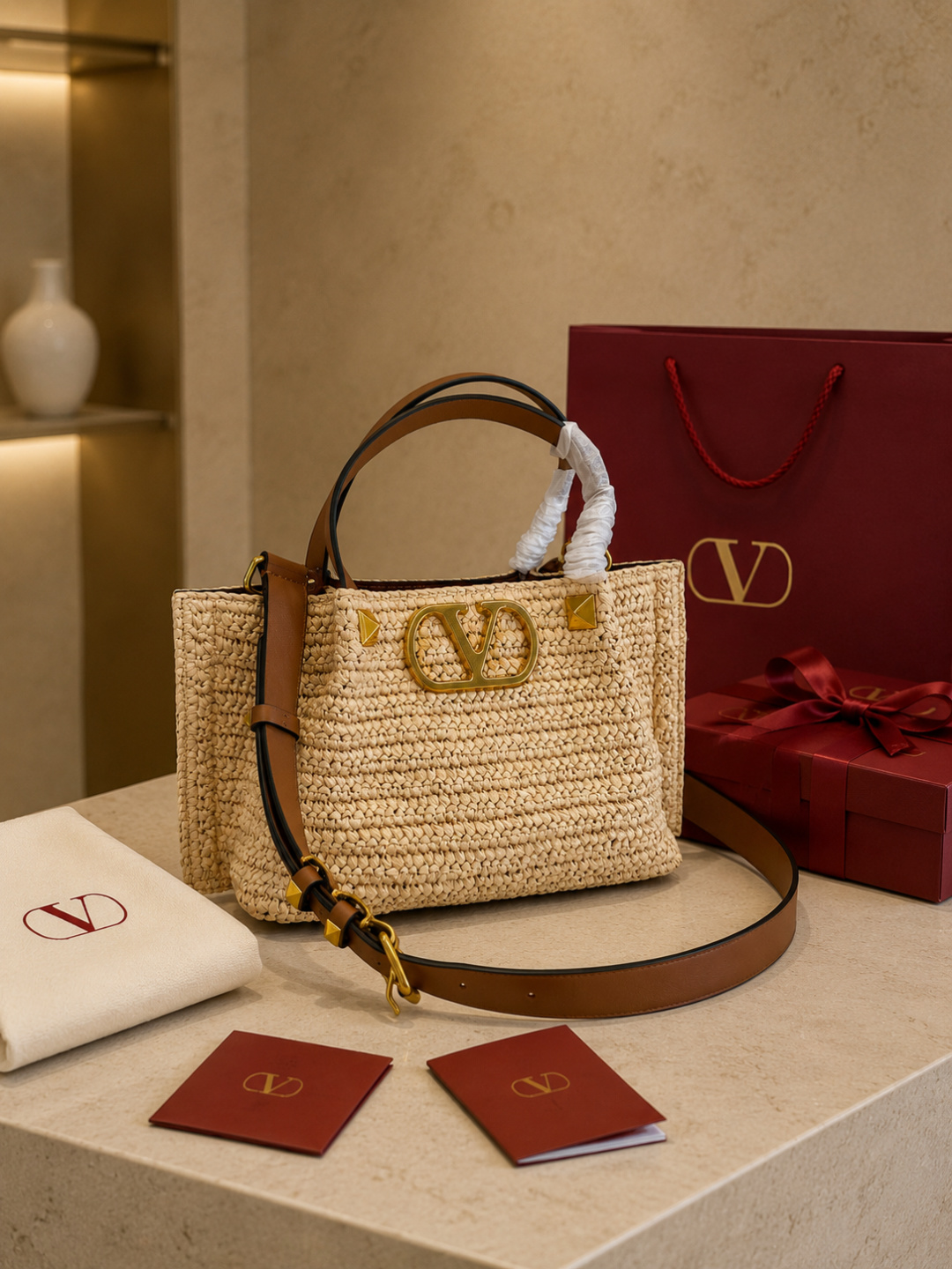 Valentino VLogo Raffia Tote Handbag