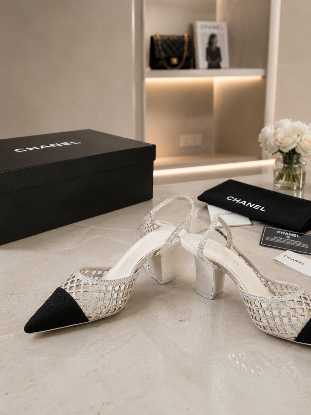 Chanel Mesh Slingback Block Heel Pumps