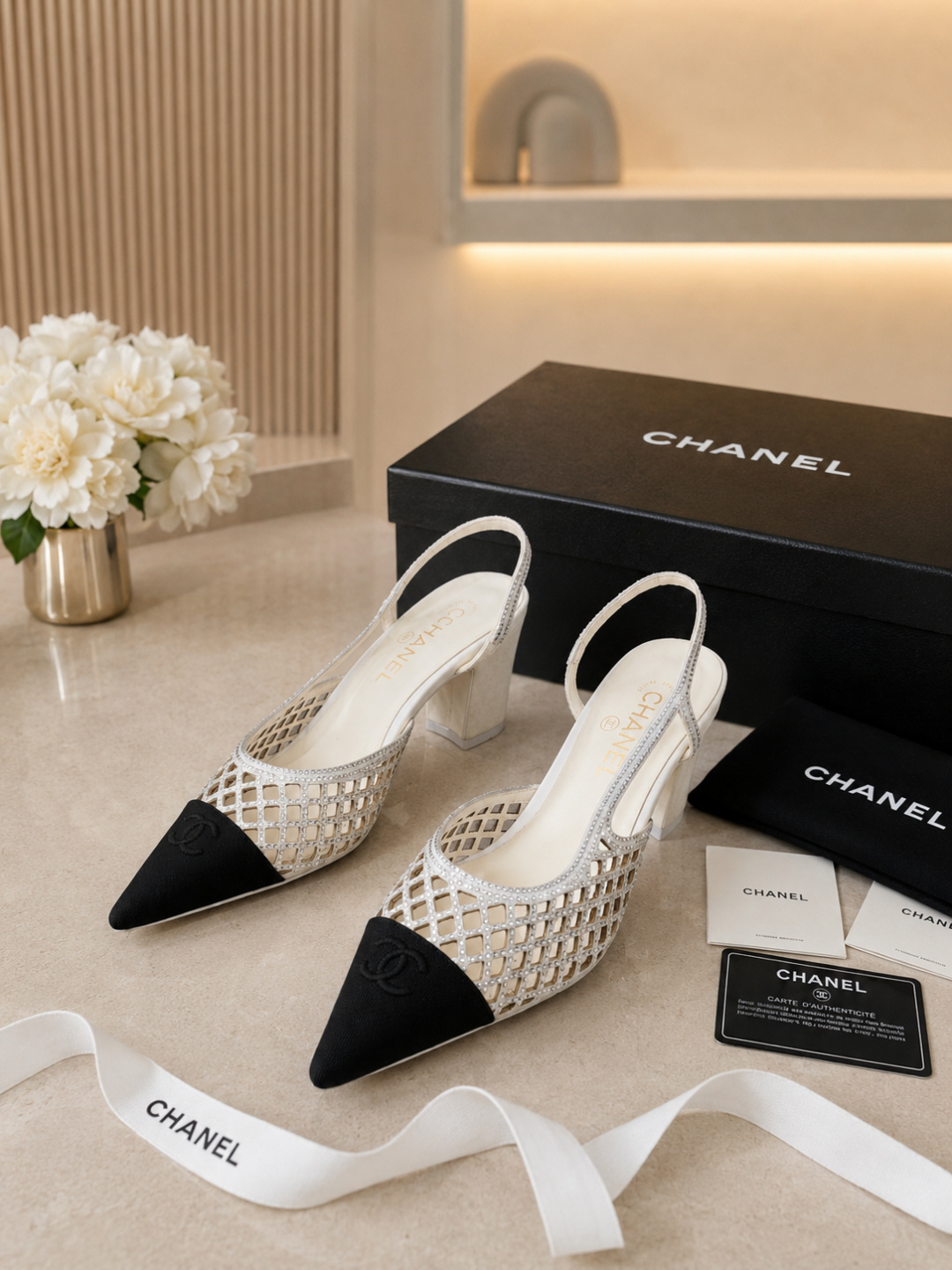 Chanel Mesh Slingback Block Heel Pumps
