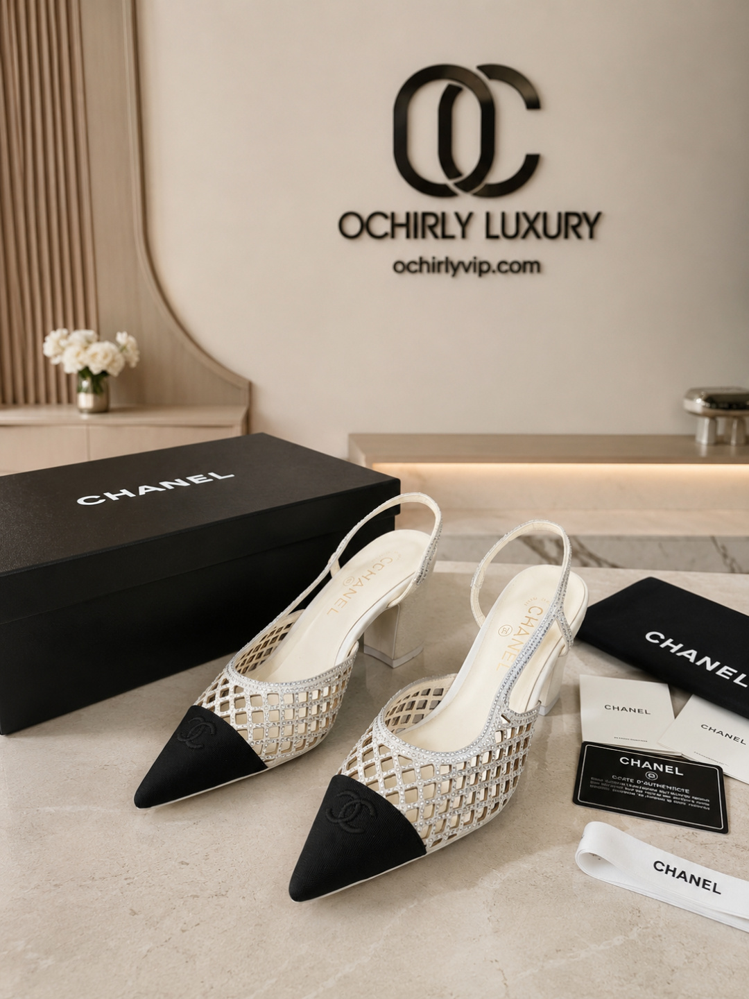 Chanel Mesh Slingback Block Heel Pumps