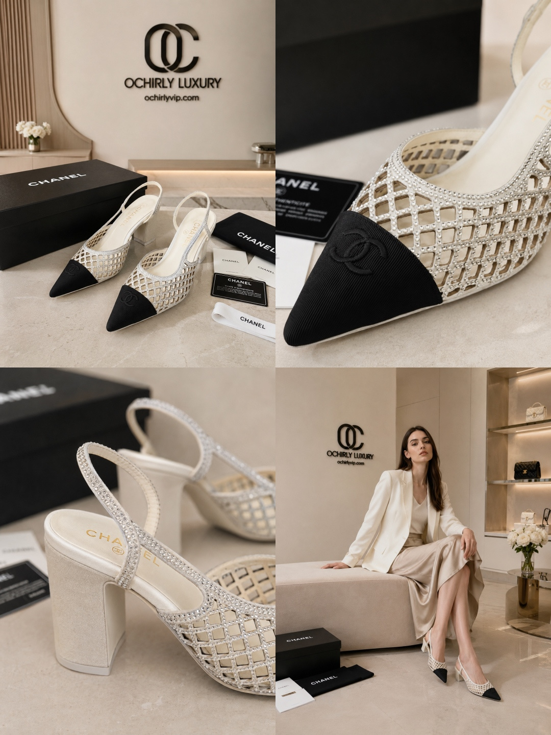 Chanel Mesh Slingback Block Heel Pumps
