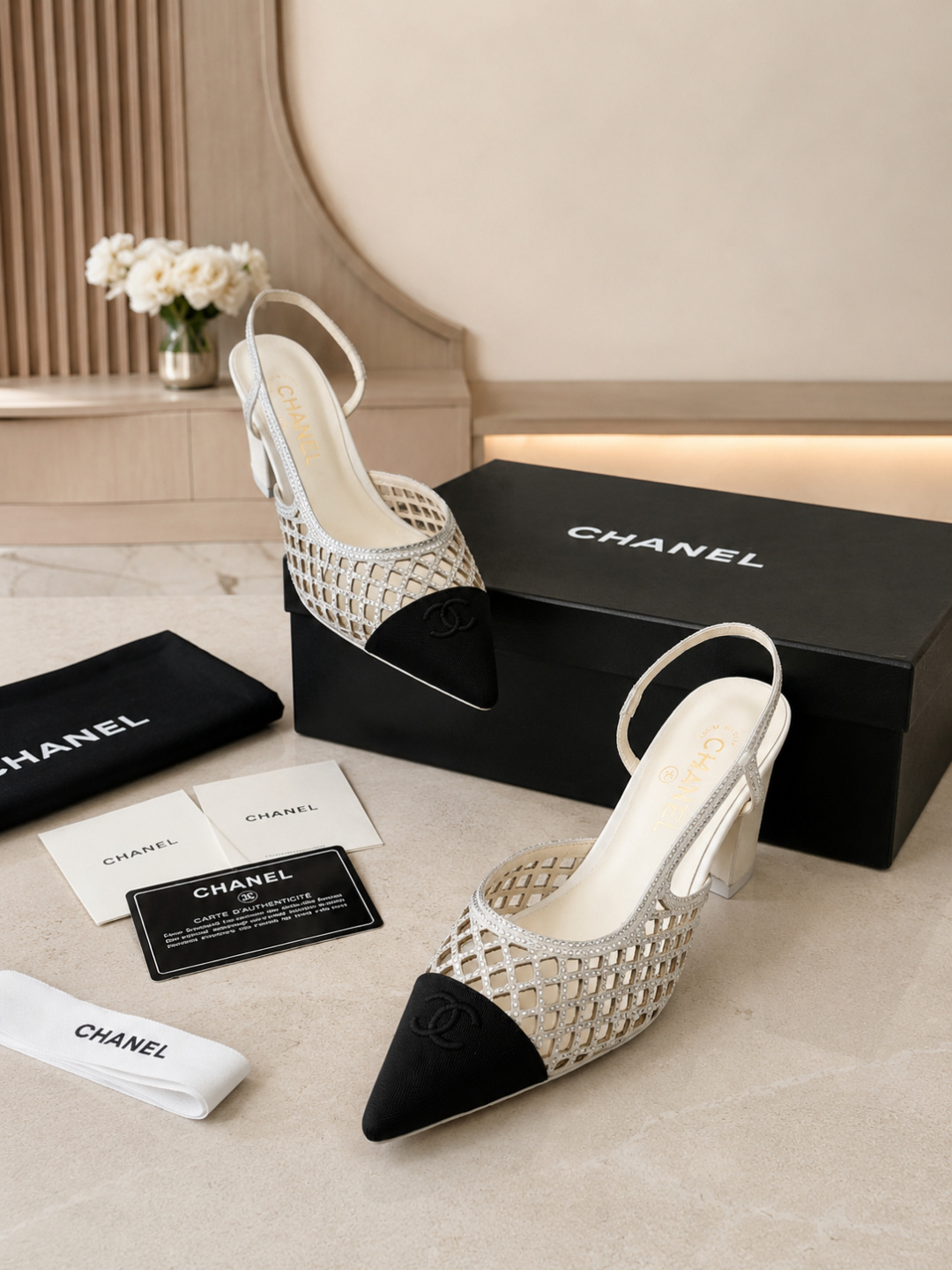 Chanel Mesh Slingback Block Heel Pumps