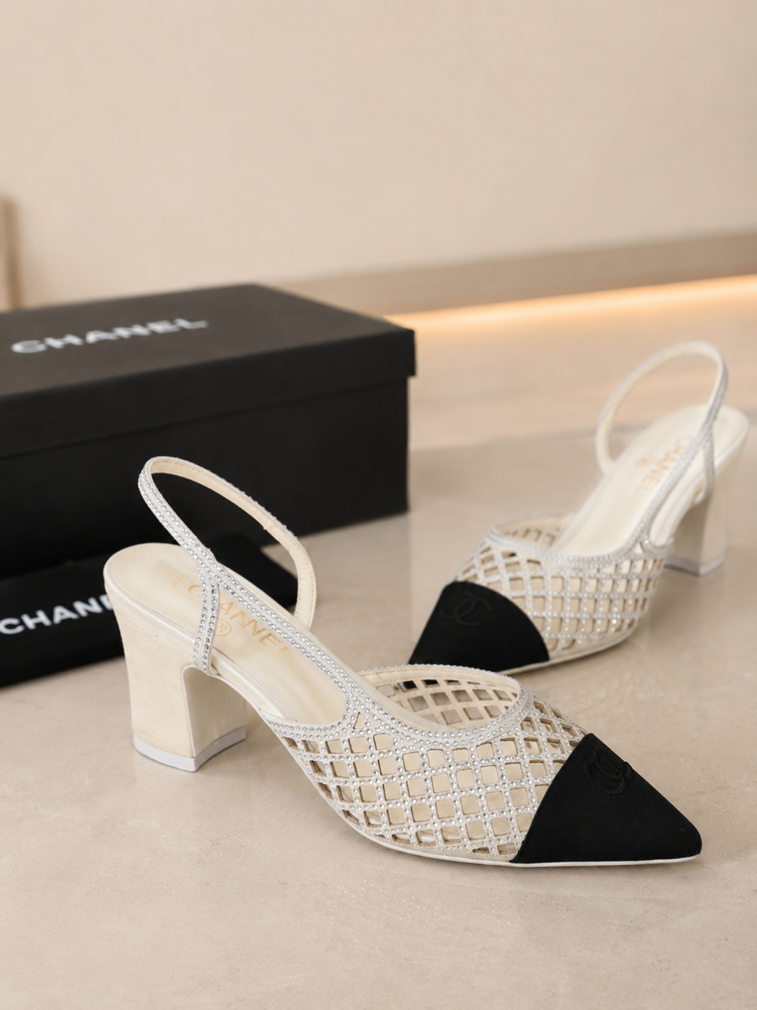 Chanel Mesh Slingback Block Heel Pumps